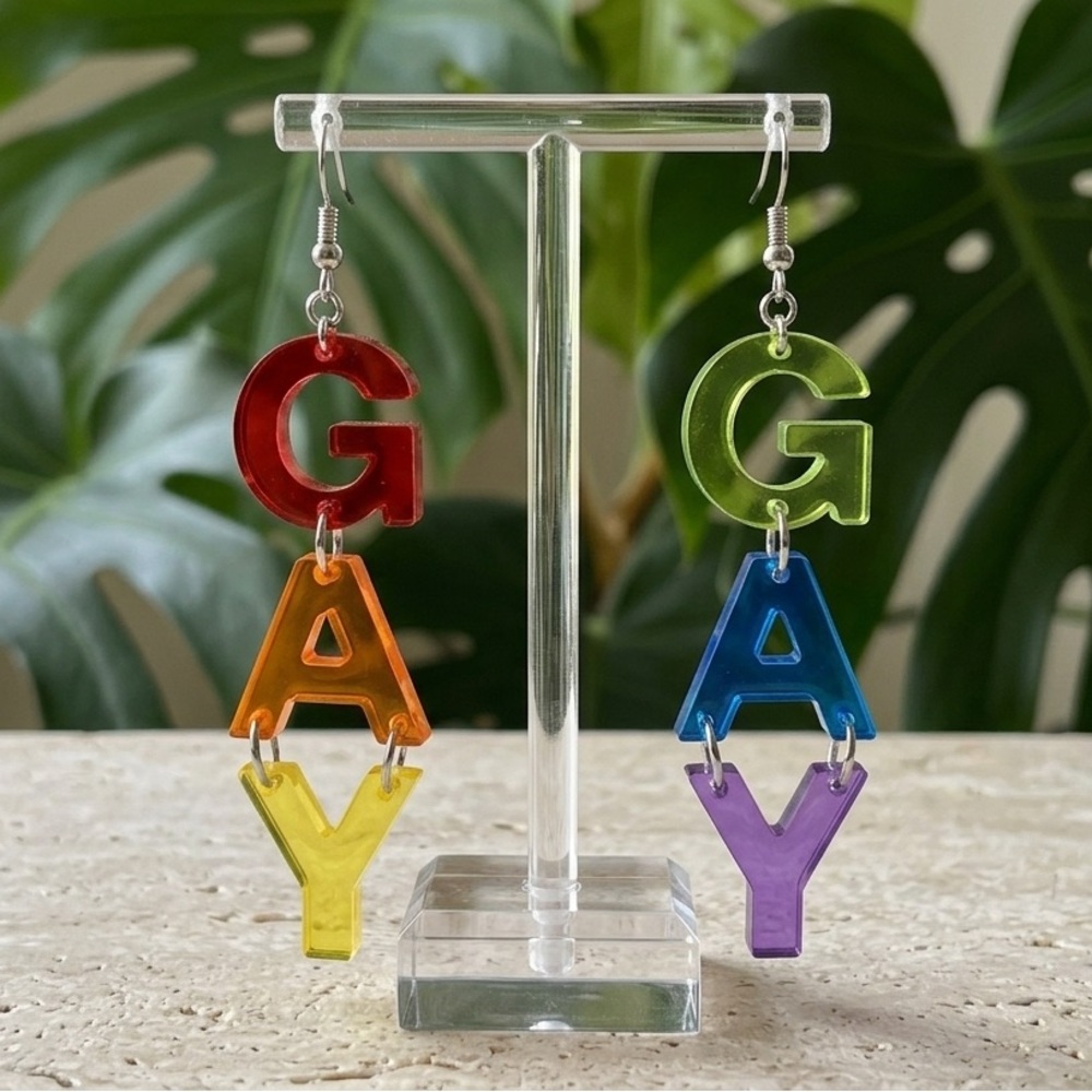6" Extra Long Rainbow "GAY" Statement Earrings - Pride Jewelry - Handmade